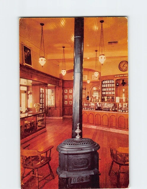 Postcard Stove and chandeliers, Upjohn's old fashioned drugstore, Disneyland, CA