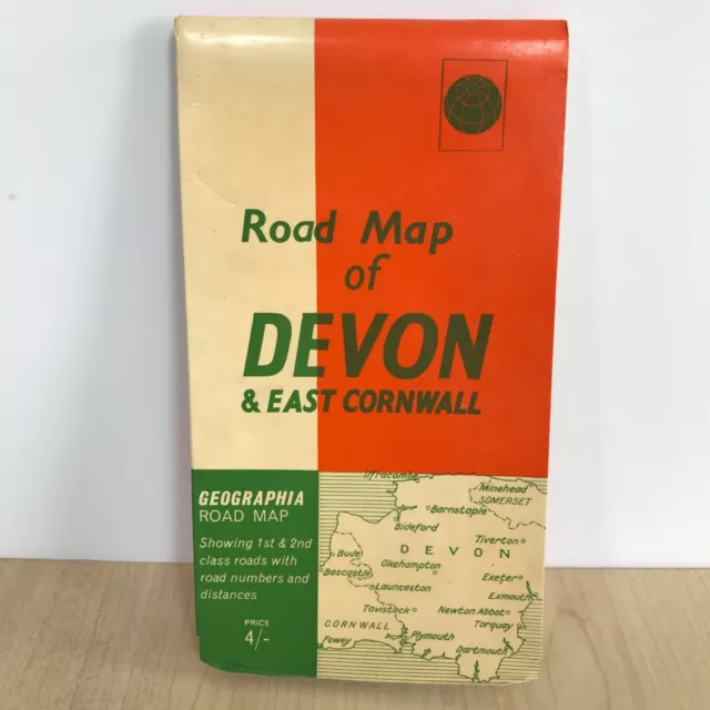 Vintage Geographia Road Map of Devon & East Cornwall Road Numbers and Distances