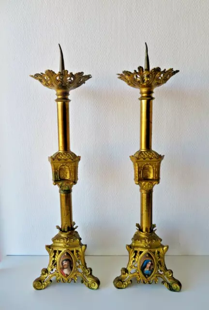 Ancienne paire de Pique Cierges  ,Bougeoirs en laiton Eglise , chandeliers