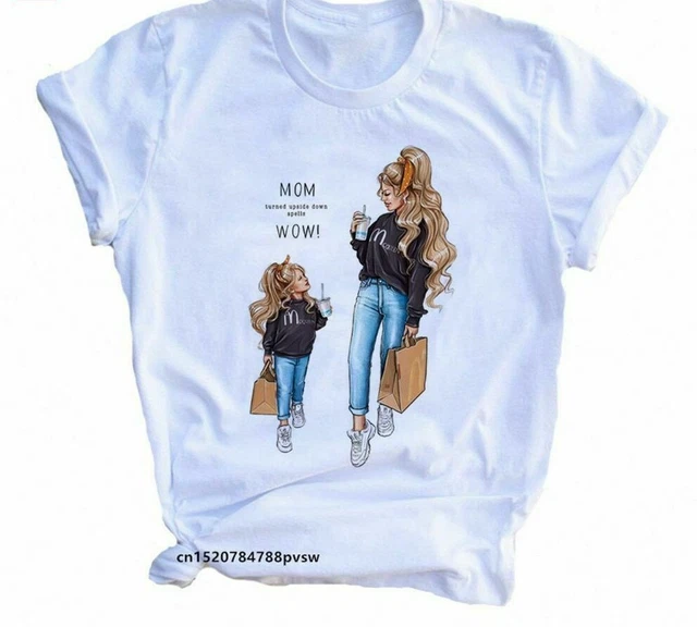 Mamma E Uomo Bianco Stampa per Donne Bambino T-Shirt Top Daughter Casual Vestiti