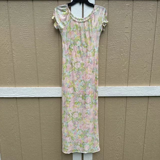 Vintage Sanmark Pink Floral Full Length Nylon Nightgown Granny Womens Size Small