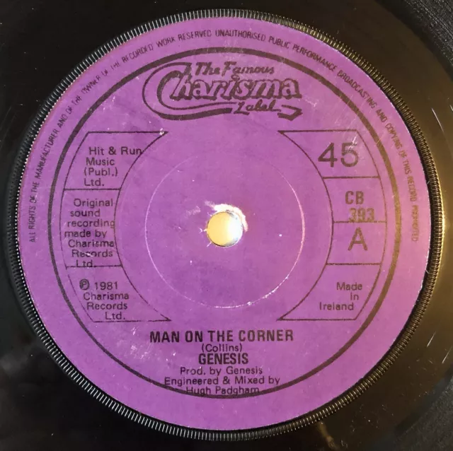 GENESIS Man On The Corner b/w Submarine 7" 45rpm RARE IRISH 1982 Solid Centre EX