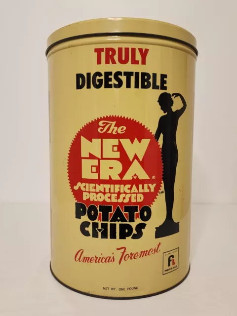 Vintage The New Era 1LB. Art Deco Potato Chip Advertising Tin "Truly Digestible"