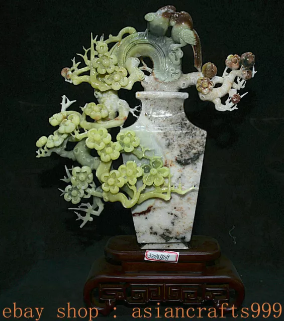 19,2" Xiu Green Jade Geschnitzte Pflaumenblüte Blume Vogel Flasche Vase Statue