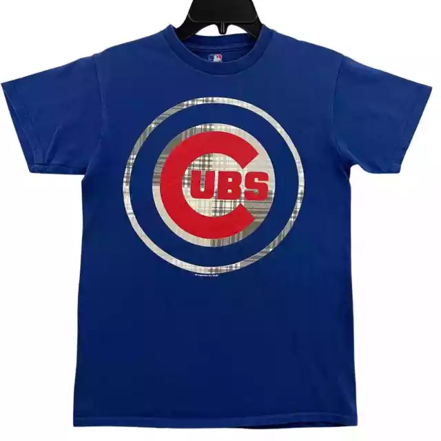 Majestic MLB Chicago Cubs T Shirt Mens Size Small Blue Plaid Red Logo
