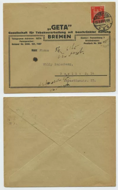 114376 - Beleg GETA Tabakverarbeitung - Bremen 22.8.1924 nach Berlin