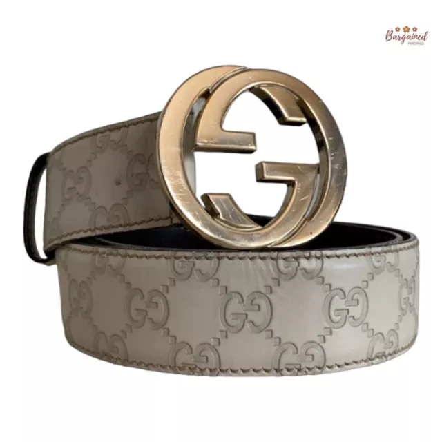 Authentic Gucci Cream Guccissima Leather Gold Interlocking G Buckle Belt 85/34