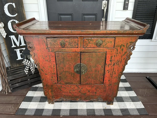 1800's Red lacquer painted Chinese Asian Antique Altar Cabinet 19th Century