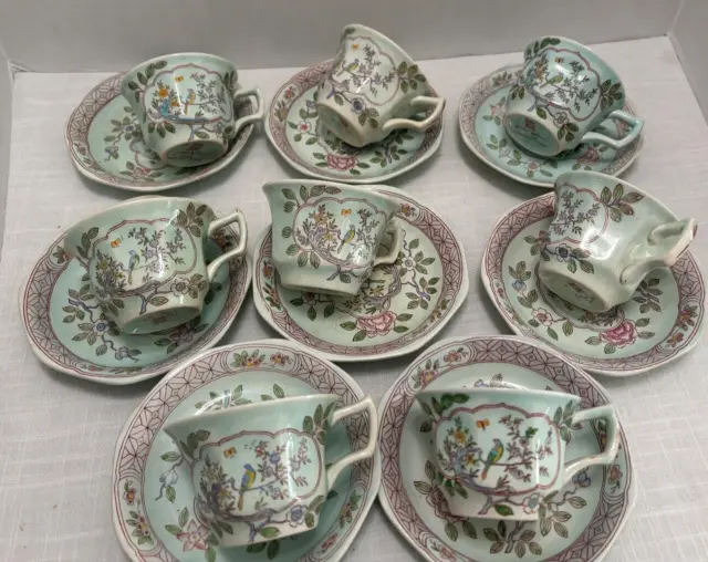 8 Calyx Ware SINGAPORE BIRD CUPS & SAUCERS  Red Mark English Ironstone Antique