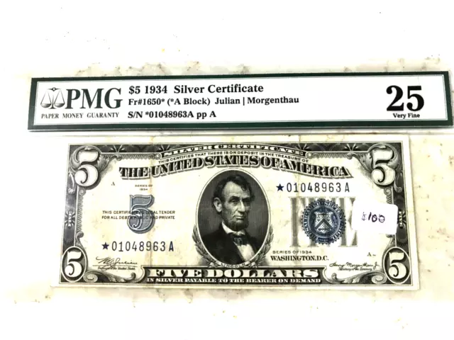 1934 $5 Star Silver Certificate, Certified Pmg Very Fine 25