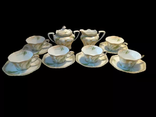 Antique RS Germany/Prussia Sugar Bowl Creamer 6 cups & 6 saucers Calla Lily