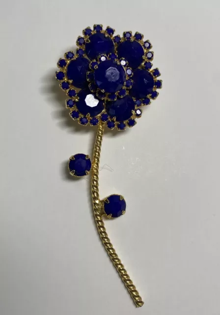 Vintage Flower Goldtone Jewelry Faceted Blue Cobalt Glass Rhinestone Brooch Pin