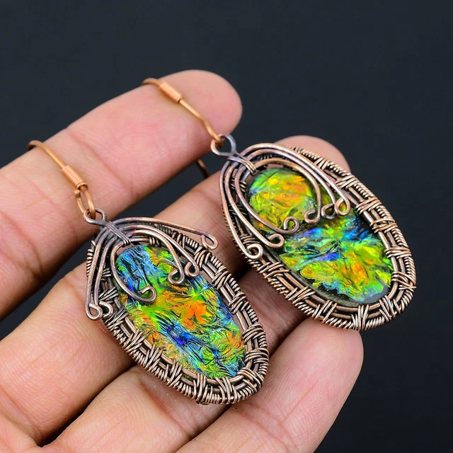 Abalone Shell Gemstone Handmade Copper Wire Wrap Jewelry Earring 2.64" Easter Y3