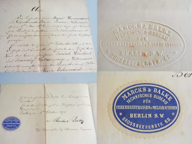Eisenbahn-Baufirma Marcks & Balke : Zeugnis Berlin 1878 pour Technicien