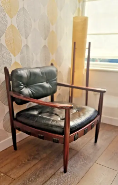 Vintage Swedish design 60's black leather  armchair Eric Merthen. FREE DELIVERY