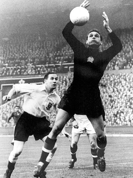 HUNGARY GOALKEEPER GYULA Grosics grabs ball watched England Stan- Old ...