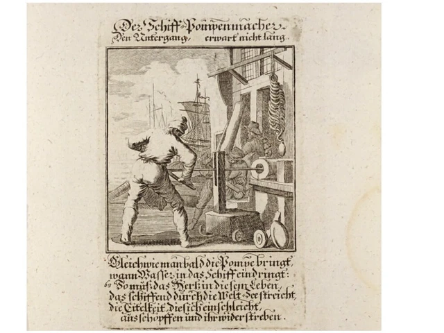 DER SCHIFFS PUMPENBAUER  DER SCHIFF-POMPENMACHER Original Kupferstich v. Weigel