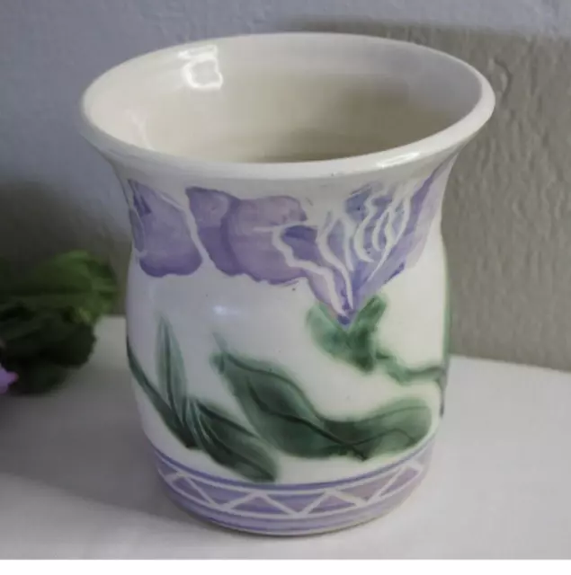 Pottery Vase Purple Green Signed Flower Pot Planter Utensil Crock