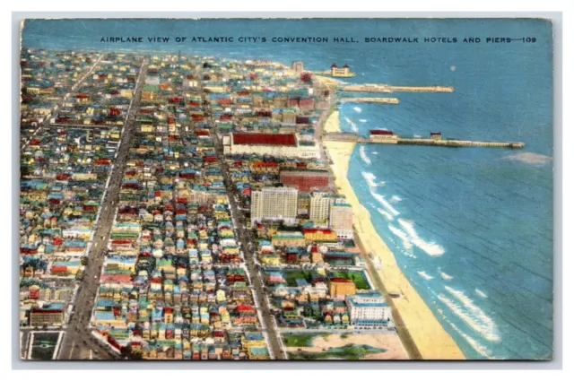 Airplane View Boardwalk Hotels Atlantic City NJ New Jersey Linen Postcard V11