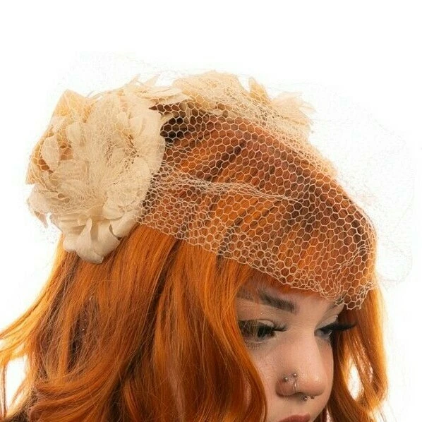 Cappello Teschio Fascinator Vintage Crema Finta Seta Fiore Velato Teschio Pezzo Testa