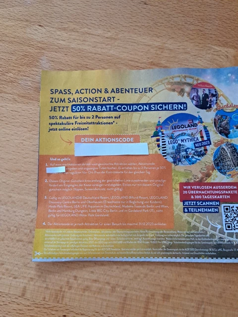 50% Rabatt Gutschein bis 31.12.23 für bis 2 Personen LEGOLAND,Heide Park...