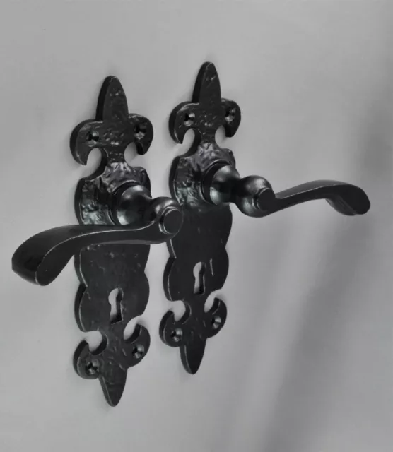 Door Levers Pair-Stratford-Matt Black Cast Iron-Tradco-Rustic Old"English" Style