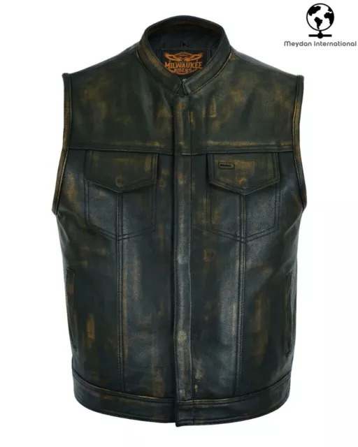 Men's Naked Distressed Brown Cowhide Leather Vest With Gun Pocket For Motorcycle