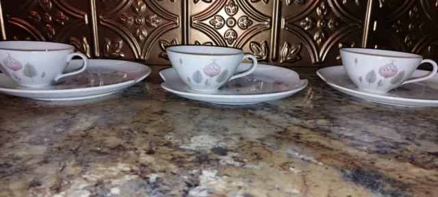 Summit Fine China Snack Plate W Tea Cups Japan MCM Set Of 3 White Pink