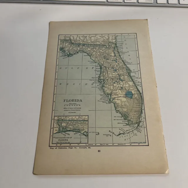 Beautiful Antique 1923 Map Of Florida 9x6 Inches