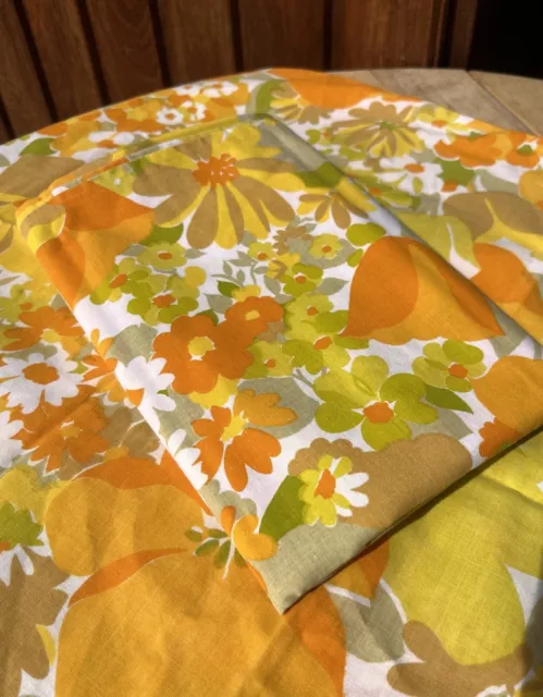 Vintage Retro Flower Power Orange Yellow Floral Printed Pillowcases X2