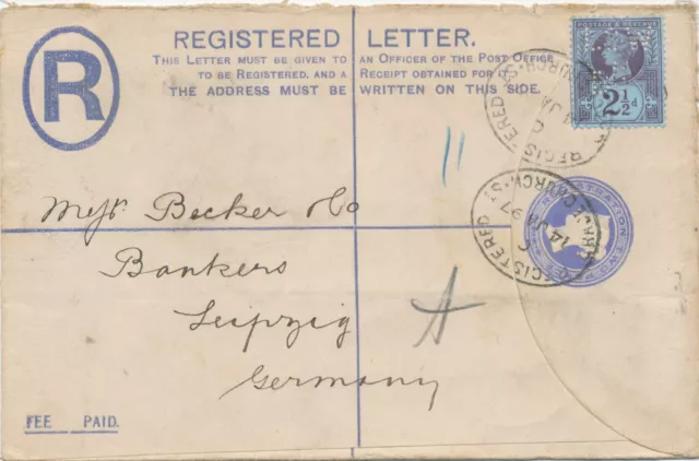 GB 1897 VF QV 2d postal stationery registered env uprated w Jubilee 2½d PERFIN