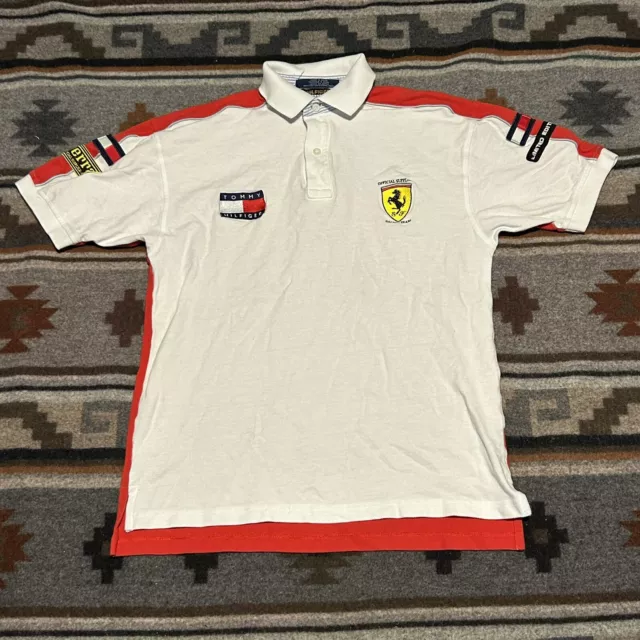 Vtg Tommy Hilfiger Ferrari Limited Edition Polo Shirt White Reflective Small C1