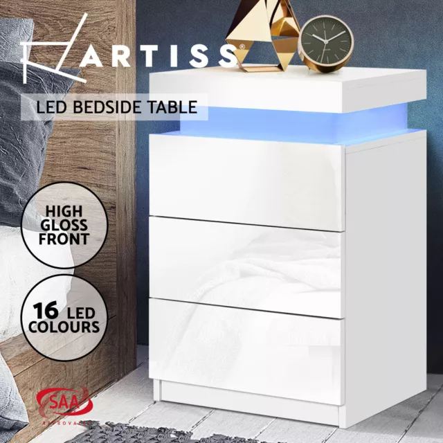 Artiss Bedside Tables 3 Drawers Side Table RGB LED Gloss Nightstand White COLEY