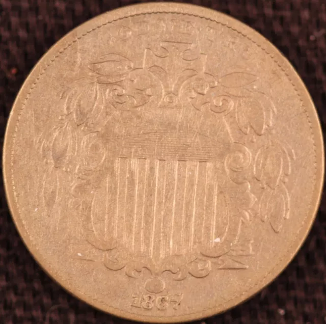 1867 5C Shield Nickel No Rays - Great Type Coin