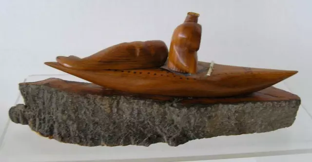 Primitive Vintage Carved Wood Eskimo Inuit with Walrus on Boat hunting 11"x3"x9" 2