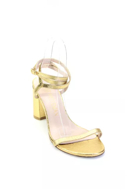 Stuart Weitzman Womens Gold Ankle Strap Block Heels Shoes Size 8.5