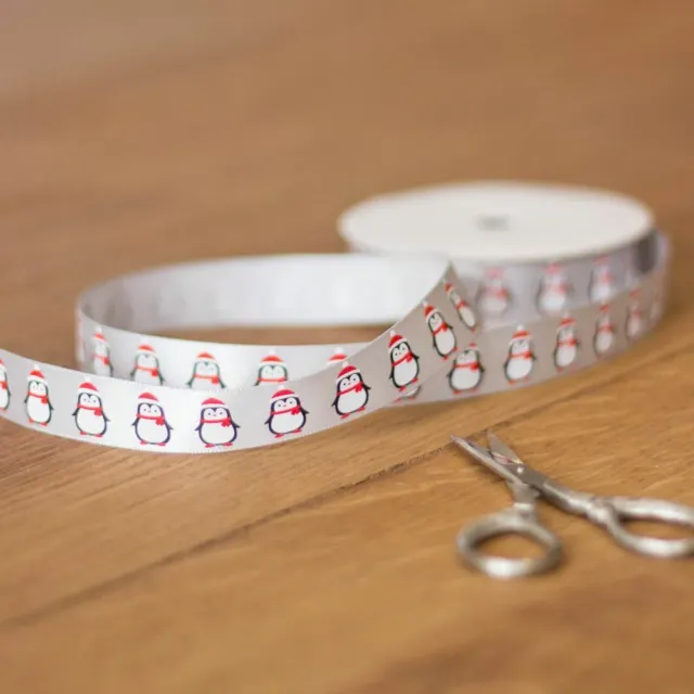 Christmas Penguins Satin Ribbon | Festive Craft Gift Wrapping Grosgrain 5m
