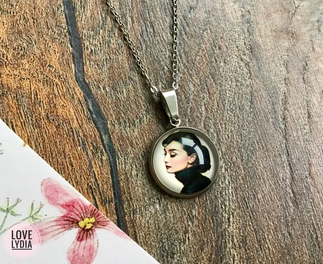 HANDMADE Audrey Hepburn black retro vintage style iconic silver colour necklace