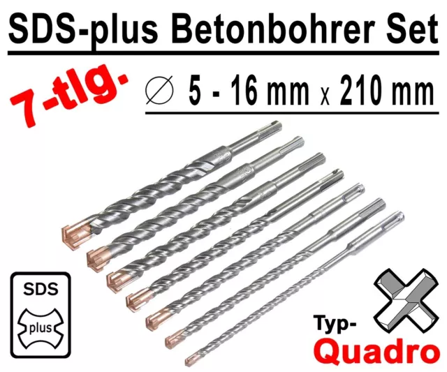 7 tlg SDS-plus Betonbohrer Satz Quadro Bohrer Hammerbohrer 5 - 16mm x 210mm Lang
