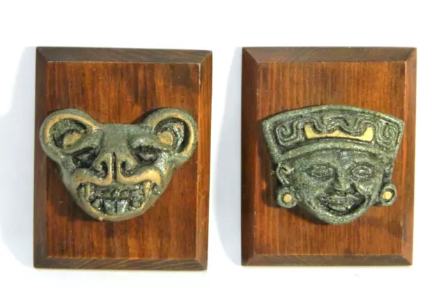 Vintage Wall Plaques Wood Mexico Jaguar & Mask MCM Set 2