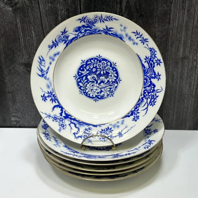 Set 6 Antique Haviland Limoges H & Co Rimmed Soup Bowls Chinoiserie Blue Birds
