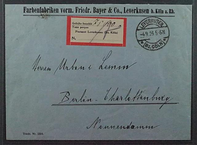 1923, Lokalausgabe LEVERKUSEN 1 a, Gebührenzettel auf Brief, SELTEN, 250,-€