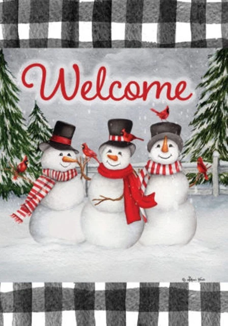 Welcome Snowmen Trio Snowman Cardinal Garden Flag 12"x18", Custom Decor, 2 Sided