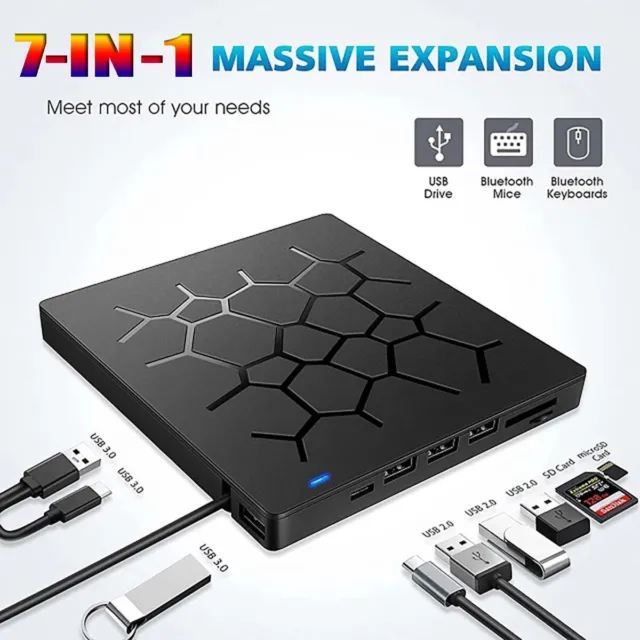 Hub/Slim External Drive USB-C 3.0 Burner Player CD DVD Reader Writer PC Laptop