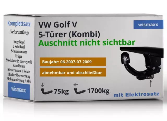 Anhängerkupplung Hook für VW Golf V Kombi Variant 07-09 abnehmbar E-Satz 13pol