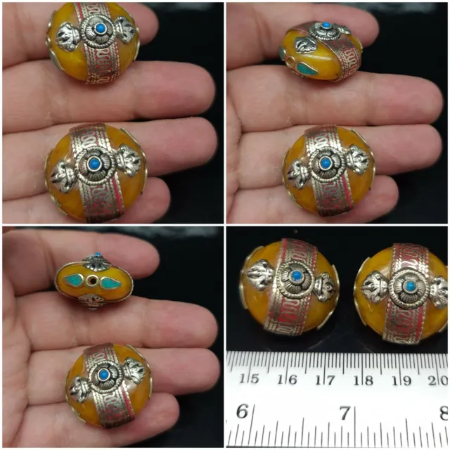 Nepalese Tibetan Handmade Amber (Resin)Turquoise Coral Inlay 2 Beads Beautifull