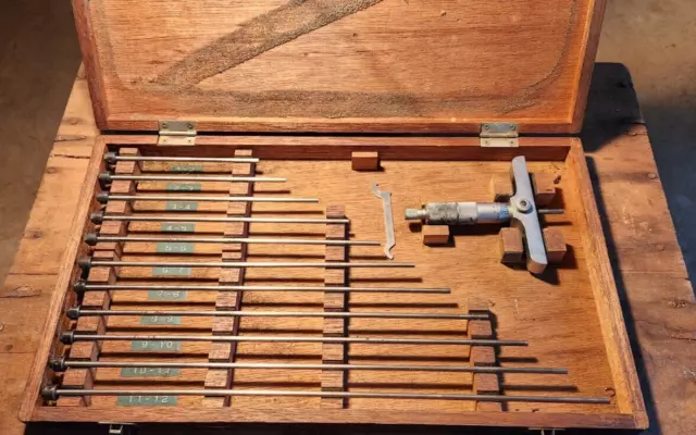 Mitutoyo Depth Micrometer Set 0-12 Made in Japan, With Wood Case, Used Condition Mitutoyo Depth Micrometer Set 0-12 Made in Japan, With Wood Case, Used Condition