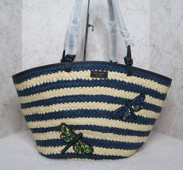 Kate Spade Shore Thing Dragonfly Embellished Straw Tote (Blazer Blue) - NWT