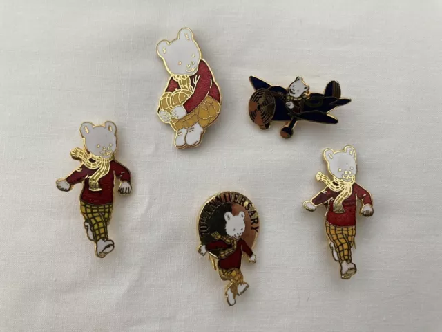 5 Rupert the Bear Brooches. Flying, Sitting, Running, 70th Anniversary