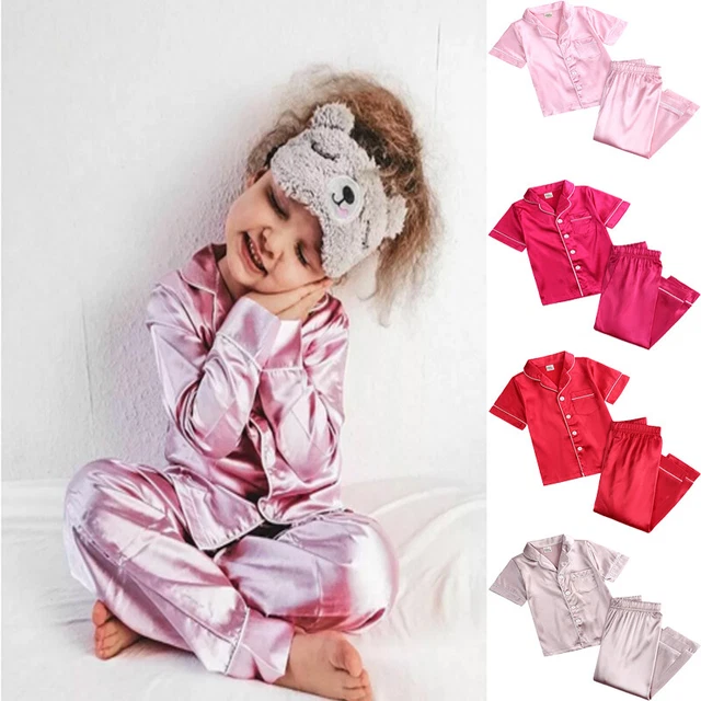 UK Boys Girls Silk Pyjamas Nightwear Top Pants Pjs Set Satin Sleepwear Outfits